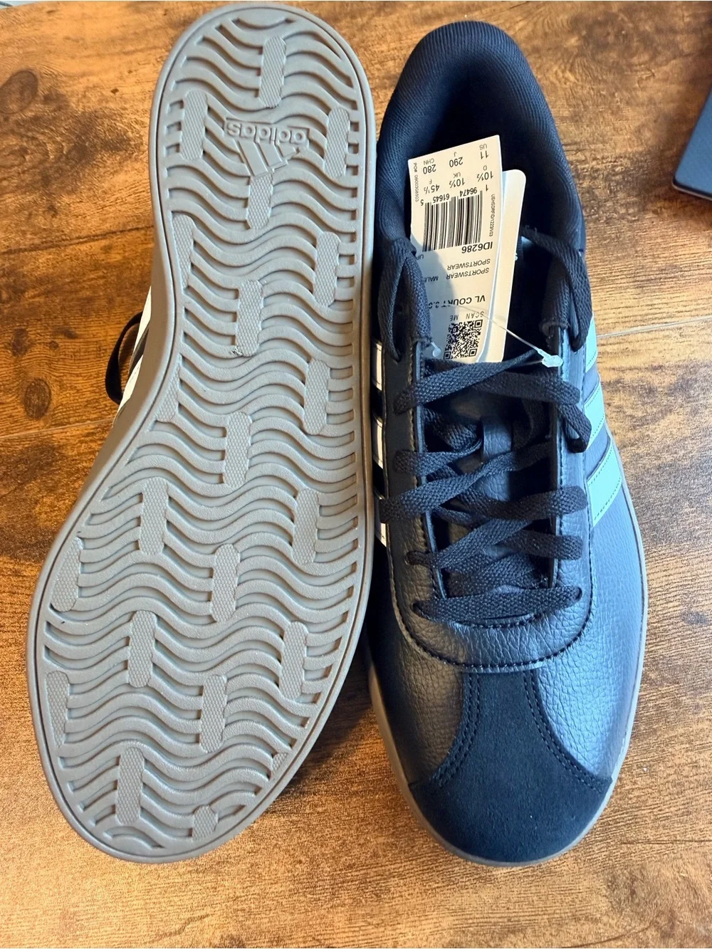 adidas Black Sneakers with White Stripes and Brown Sole